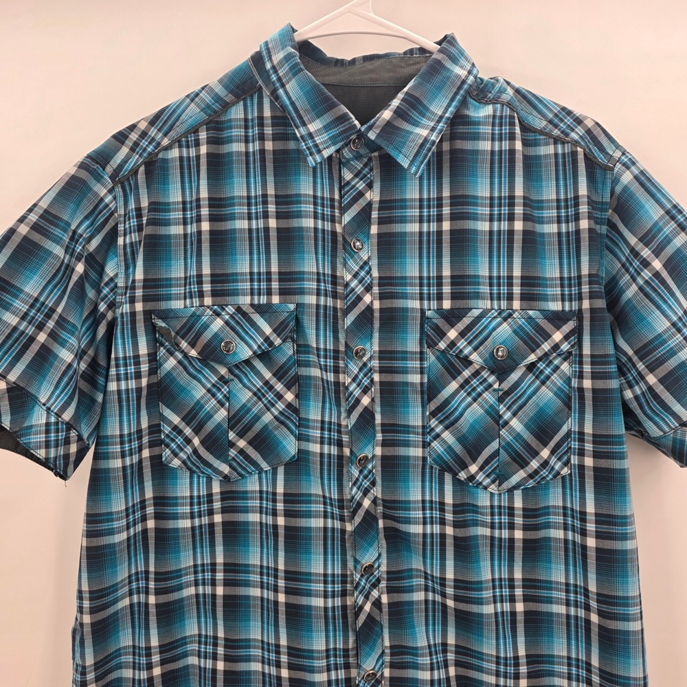 KUHL PEARL SNAP SHIRT MENS SMALL BLUE PLAID ELUXUR PERFORMANCE SHORT SLEEVE HIKE - Picture 4 of 14